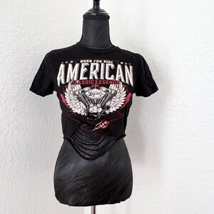 January 7 Graphic Tee Distressed Ladder Crop Biker Womens S Black